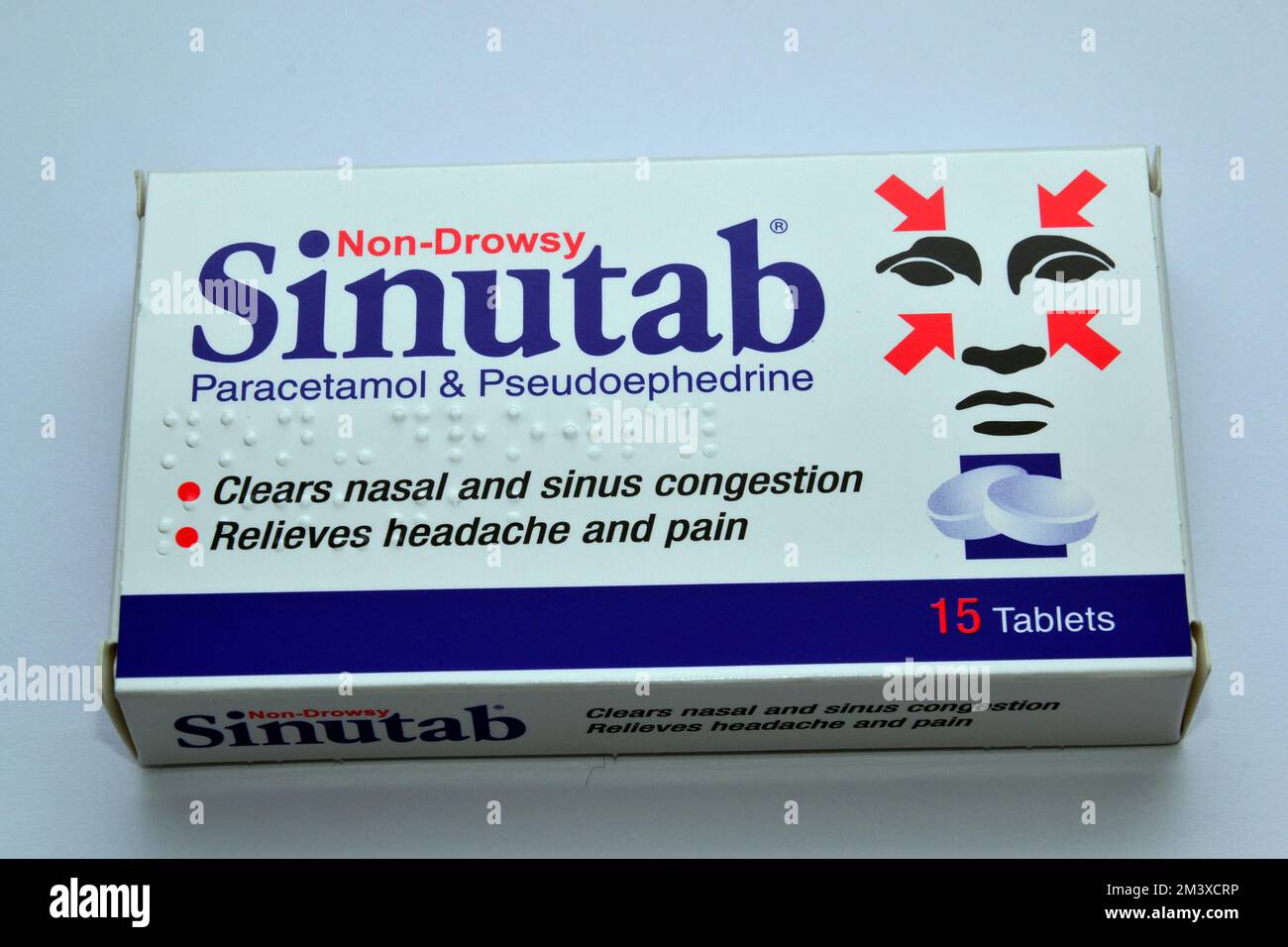 Extérieur de la boîte de comprimés de Sinutab: Contient du paracétamol et de la pseudoéphédrine pour éliminer la congestion nasale et sinusale, bon pour le rhume, la grippe, la grippe Banque D'Images