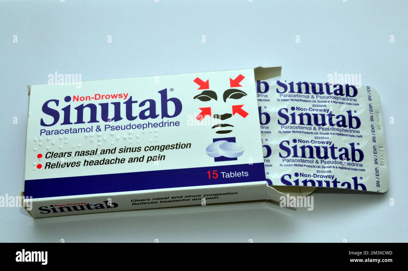 Extérieur de la boîte de comprimés de Sinutab: Contient du paracétamol et de la pseudoéphédrine pour éliminer la congestion nasale et sinusale, bon pour le rhume, la grippe, la grippe Banque D'Images