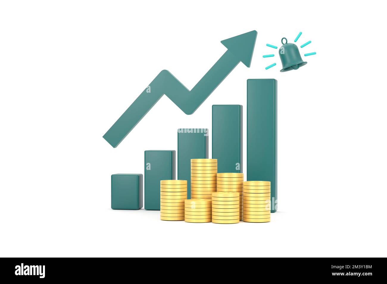 3D. Flèche verte montante et graphique à barres de profit avec plusieurs arrangements de pièces. Banque D'Images