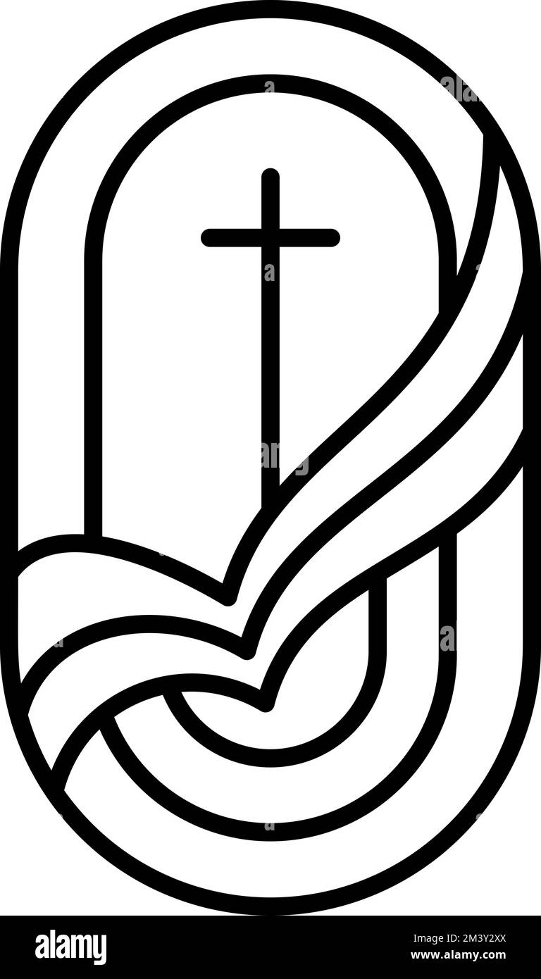 La ligne de religion croix et livre ouvert Bible dans l'église. Illustration de l'icône du logo vectoriel isolée. Jésus Christ sur le calvaire est le christianisme central. Dieu Illustration de Vecteur