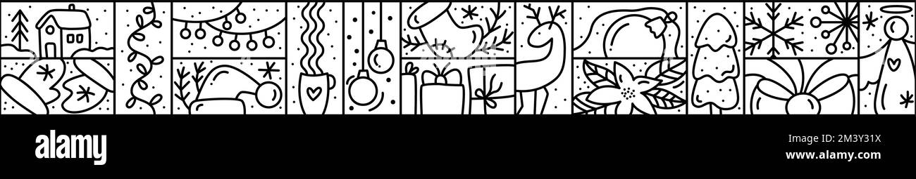 Logo de Noël Advent Washi bande sans couture motif bordure flocon de neige, boîtes-cadeaux, maison, guirlande, chaussettes et arbres. Vecteur d'hiver de la monoline dessiné à la main Illustration de Vecteur