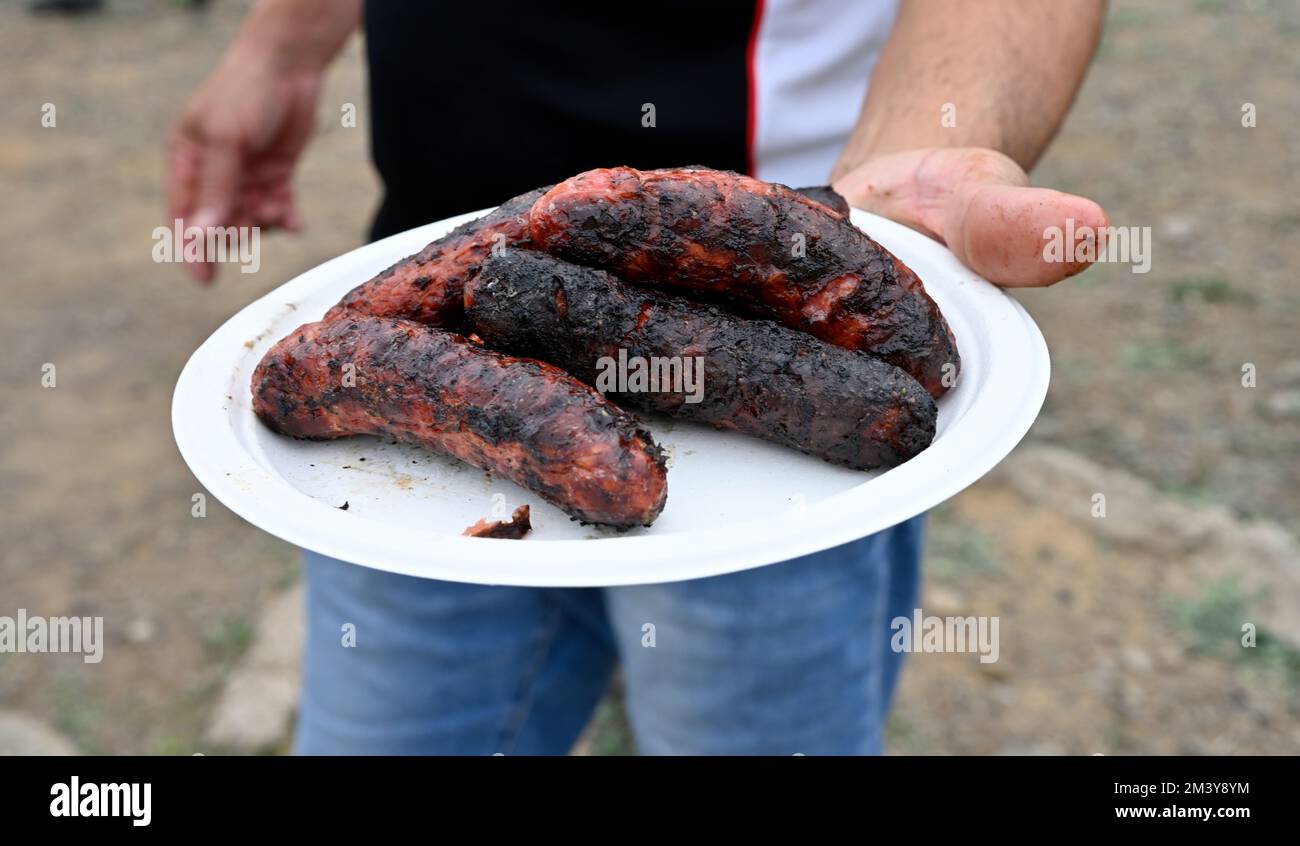 Main de l'homme tenant la plaque pleine de saucisses au barbecue Banque D'Images