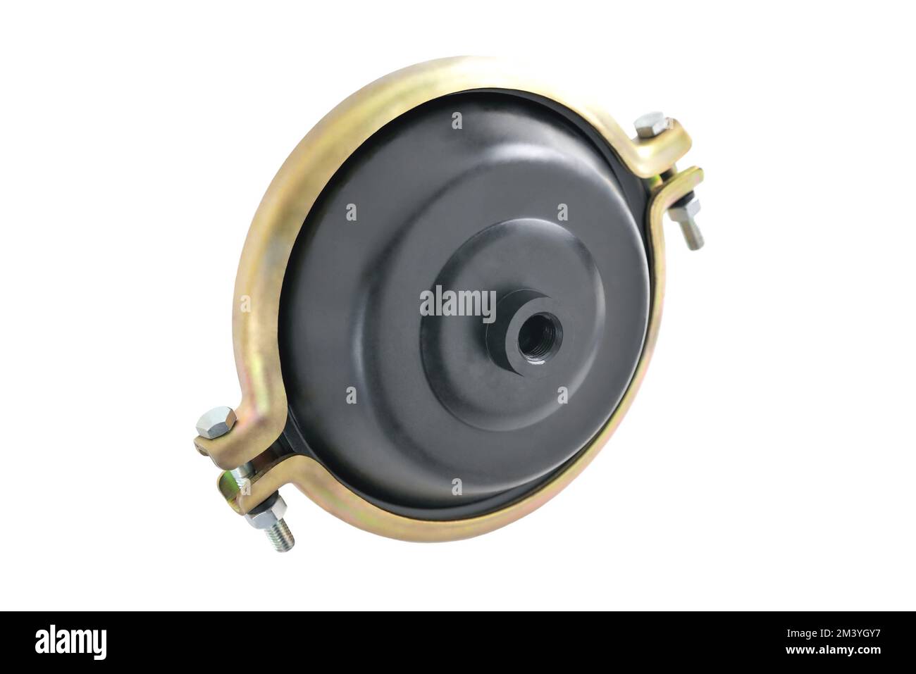 servofrein à dépression, accumulateur de puissance du système de servofrein pneumatique, mise au point sélective, fond blanc, gros plan Banque D'Images