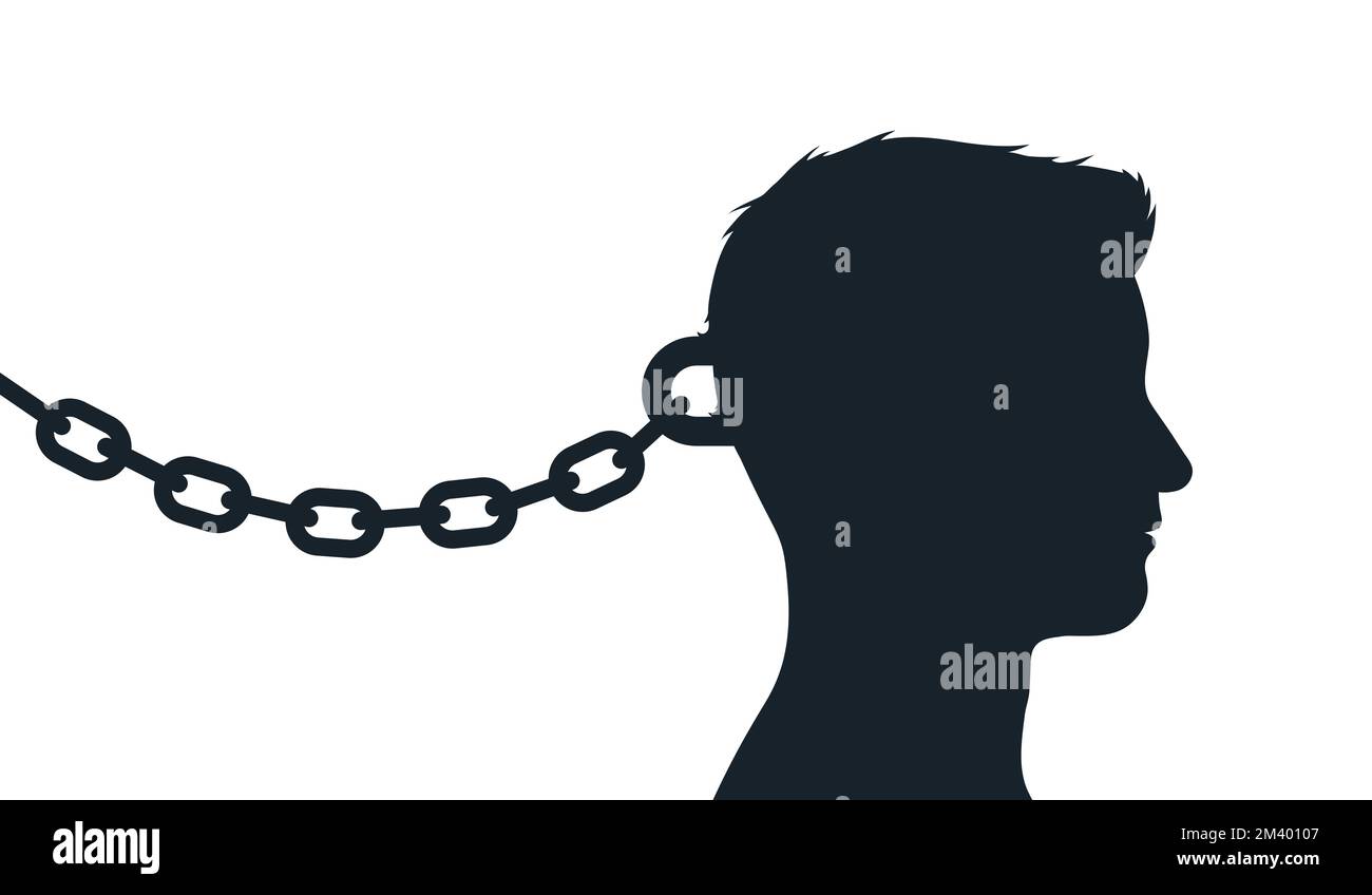 Tête d'un homme enchaîné au mur avec une chaîne lourde. Concept d'esclavage, de prison ou de dépression. Illustration vectorielle. Illustration de Vecteur