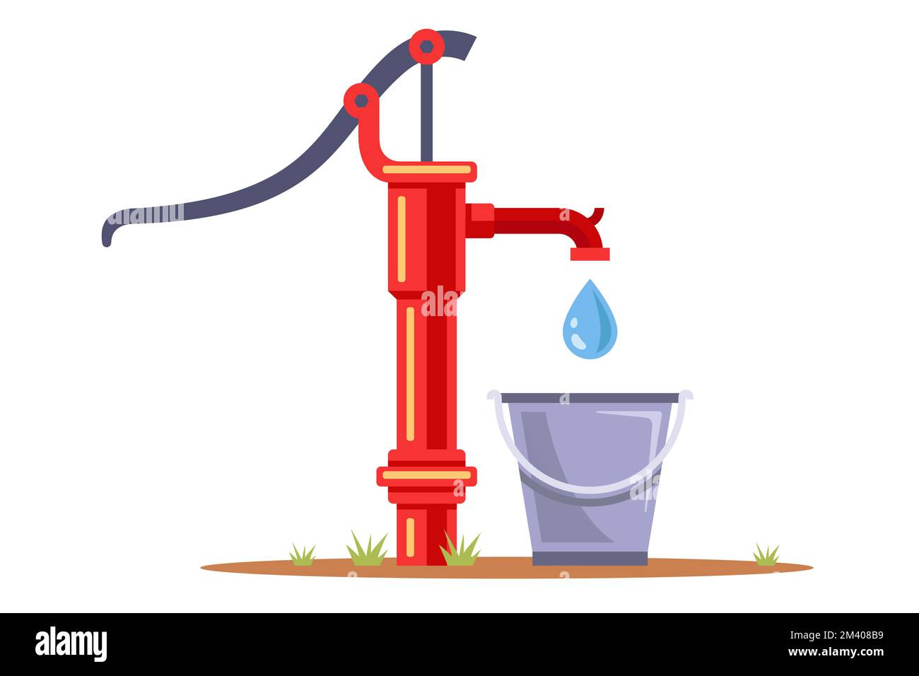 la pompe de forage pompe l'eau dans un seau. recueillir l'eau potable. illustration à vecteur plat. Illustration de Vecteur