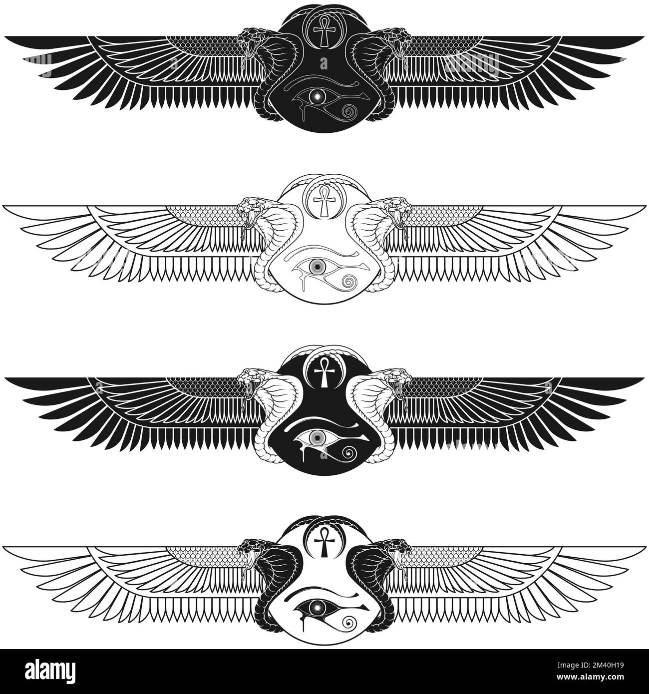 Dessin vectoriel du Soleil ailé avec cobras, symbole de l'Égypte ancienne, Soleil ailé, oeil d'horus, croix ankh Illustration de Vecteur