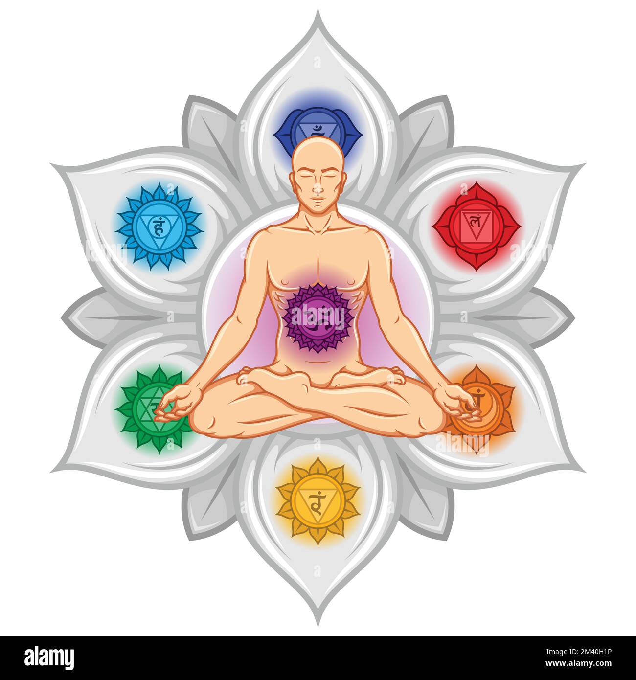 Dessin vectoriel de l'homme méditant en position de fleur de lotus avec le symbole chakra Illustration de Vecteur