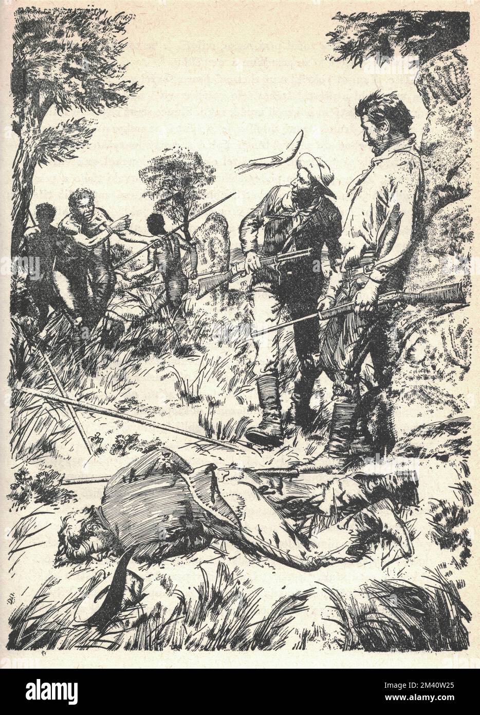 Australien Aborigine boomerangs blancs. Le boomerangs australien Aborigine dans la brousse. Ancienne illustration en noir et blanc. Dessin vintage. Illustration par Zdenek Burian. Zdenek Michael Frantisek Burian (11 février 1905 à Koprivnice, Moravie, Autriche-Hongrie 1 juillet 1981 à Prague, Tchécoslovaquie) est un peintre, illustrateur de livres et paléoartiste tchèque dont les travaux ont joué un rôle central dans le développement de la reconstruction paléontologique. À l'origine reconnue uniquement en Tchécoslovaquie natale, la renommée de Burian s'est ensuite répandue à un public international au cours d'une carrière remarquable Banque D'Images