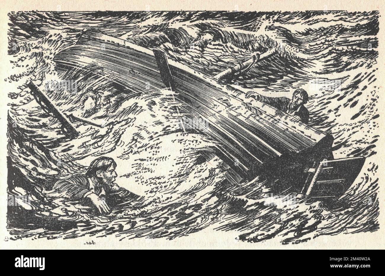 Deux hommes se noient dans une tempête en mer. Ancienne illustration en noir et blanc. Dessin vintage. Illustration par Zdenek Burian. Zdenek Michael Frantisek Burian (11 février 1905 à Koprivnice, Moravie, Autriche-Hongrie 1 juillet 1981 à Prague, Tchécoslovaquie) est un peintre, illustrateur de livres et paléoartiste tchèque dont les travaux ont joué un rôle central dans le développement de la reconstruction paléontologique. À l'origine reconnue uniquement en Tchécoslovaquie natale, la renommée de Burian s'est par la suite étendue à un public international au cours d'une carrière remarquable s'étendant sur six décennies (1930s à 1980s). Il est considéré par beaucoup comme un de t Banque D'Images