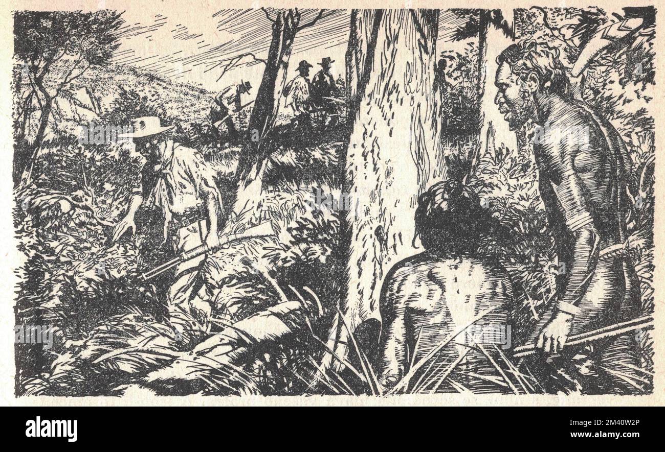 Les aborigènes australiens regardent les blancs. Aborigènes australiens dans la forêt. Ancienne illustration en noir et blanc. Dessin vintage. Illustration par Zdenek Burian. Zdenek Michael Frantisek Burian (11 février 1905 à Koprivnice, Moravie, Autriche-Hongrie 1 juillet 1981 à Prague, Tchécoslovaquie) est un peintre, illustrateur de livres et paléoartiste tchèque dont les travaux ont joué un rôle central dans le développement de la reconstruction paléontologique. À l'origine reconnue uniquement en Tchécoslovaquie natale, la renommée de Burian s'est par la suite étendue à un public international au cours d'une carrière remarquable s'étendant sur six décennies (19 Banque D'Images