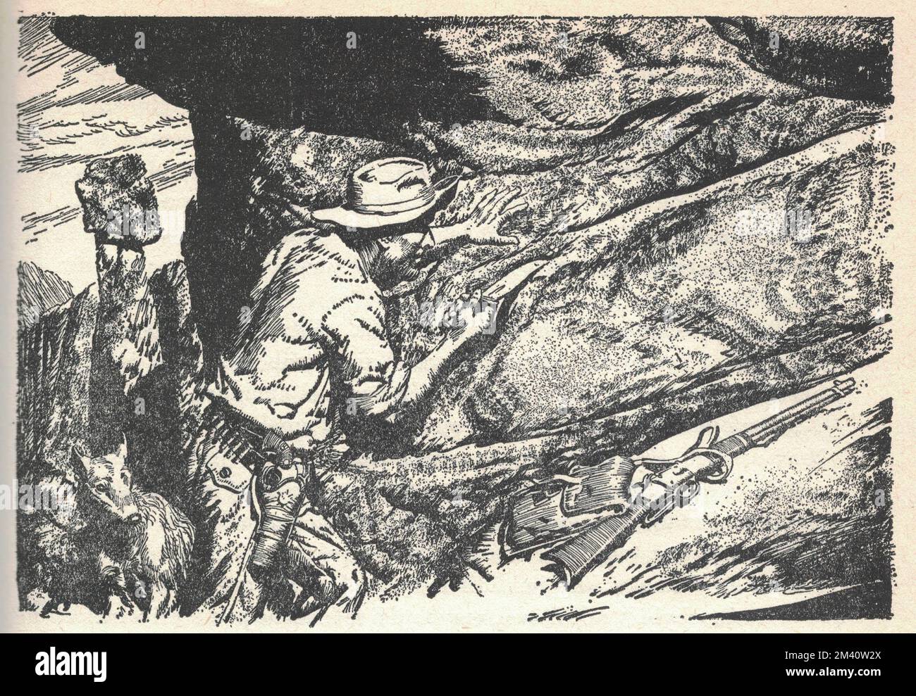 L'homme découvre une veine dorée. Une veine dorée dans la roche. Ancienne illustration en noir et blanc. Dessin vintage. Illustration par Zdenek Burian. Zdenek Michael Frantisek Burian (11 février 1905 à Koprivnice, Moravie, Autriche-Hongrie 1 juillet 1981 à Prague, Tchécoslovaquie) est un peintre, illustrateur de livres et paléoartiste tchèque dont les travaux ont joué un rôle central dans le développement de la reconstruction paléontologique. À l'origine reconnue uniquement en Tchécoslovaquie natale, la renommée de Burian s'est par la suite étendue à un public international au cours d'une carrière remarquable s'étendant sur six décennies (1930s à 1980s). Il est régar Banque D'Images