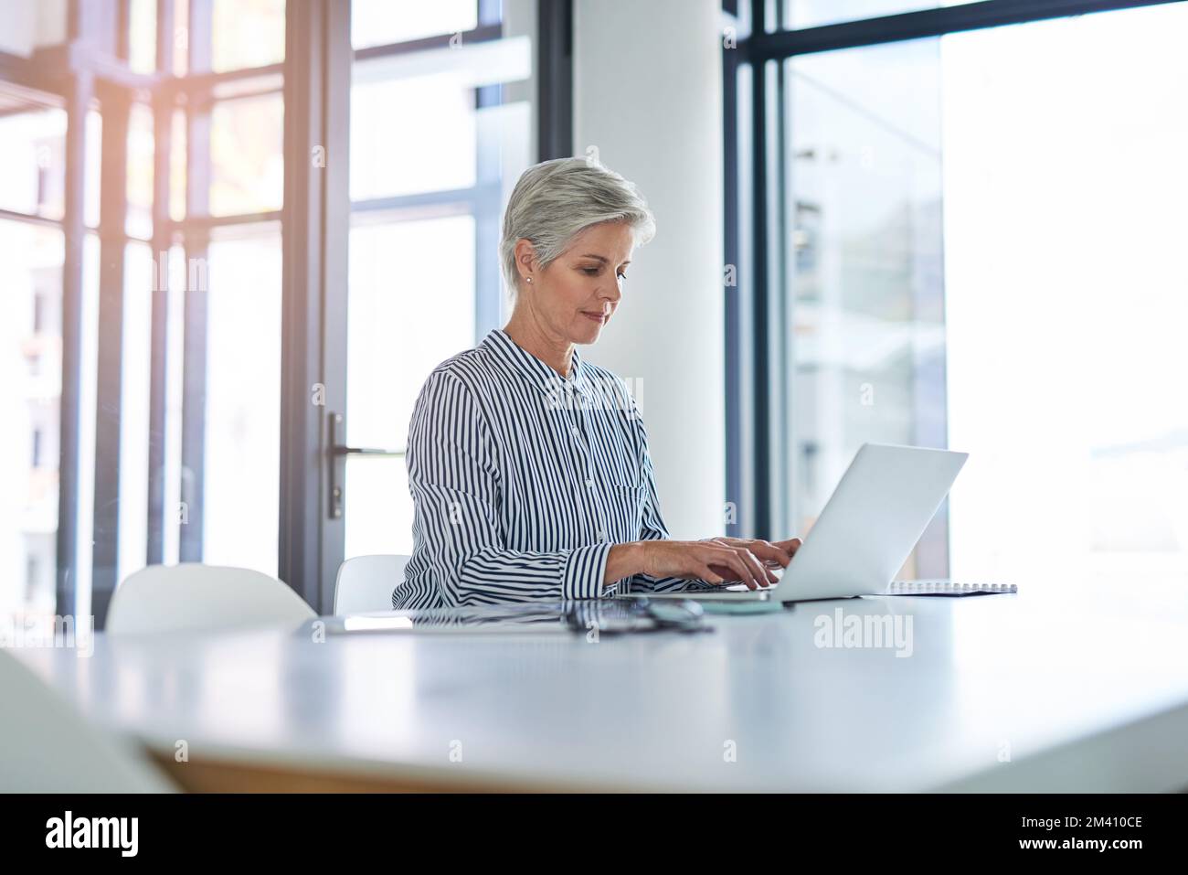 Son travail acharné est la raison pour laquelle ses succès sont toujours là. une femme d'affaires attirante et mûre utilisant un ordinateur portable au bureau au travail. Banque D'Images