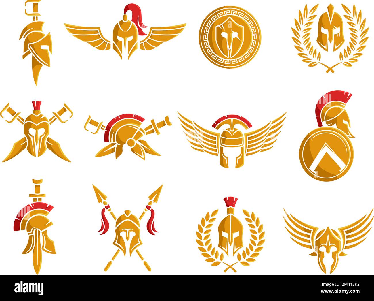 Emblème de casque Spartan. Armure de guerrier avec ailes et arme, tatouage gladiateur et vecteur de bouclier rond ensemble d'illustrations Illustration de Vecteur