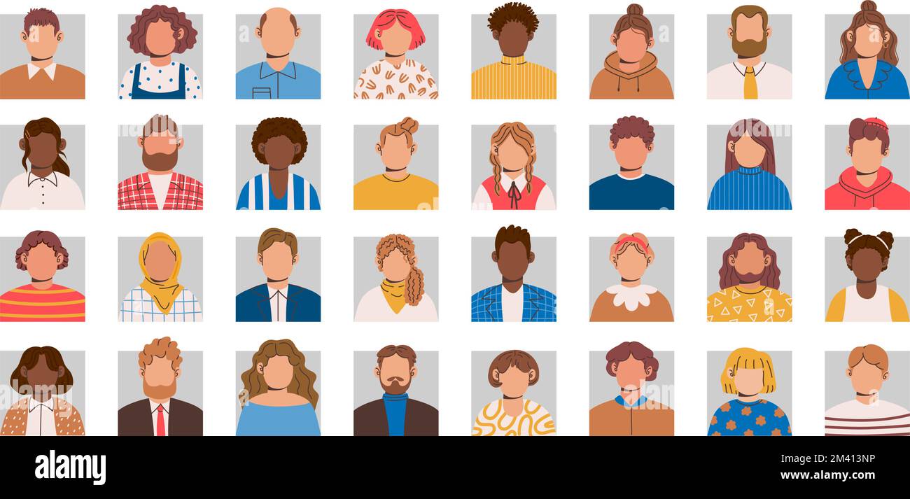 Avatars utilisateur. Portraits sans visage de personnes multiethniques, personnages masculins et féminins personnalisés userpics. Jeu de vecteurs d'icône de profil client inconnu Illustration de Vecteur