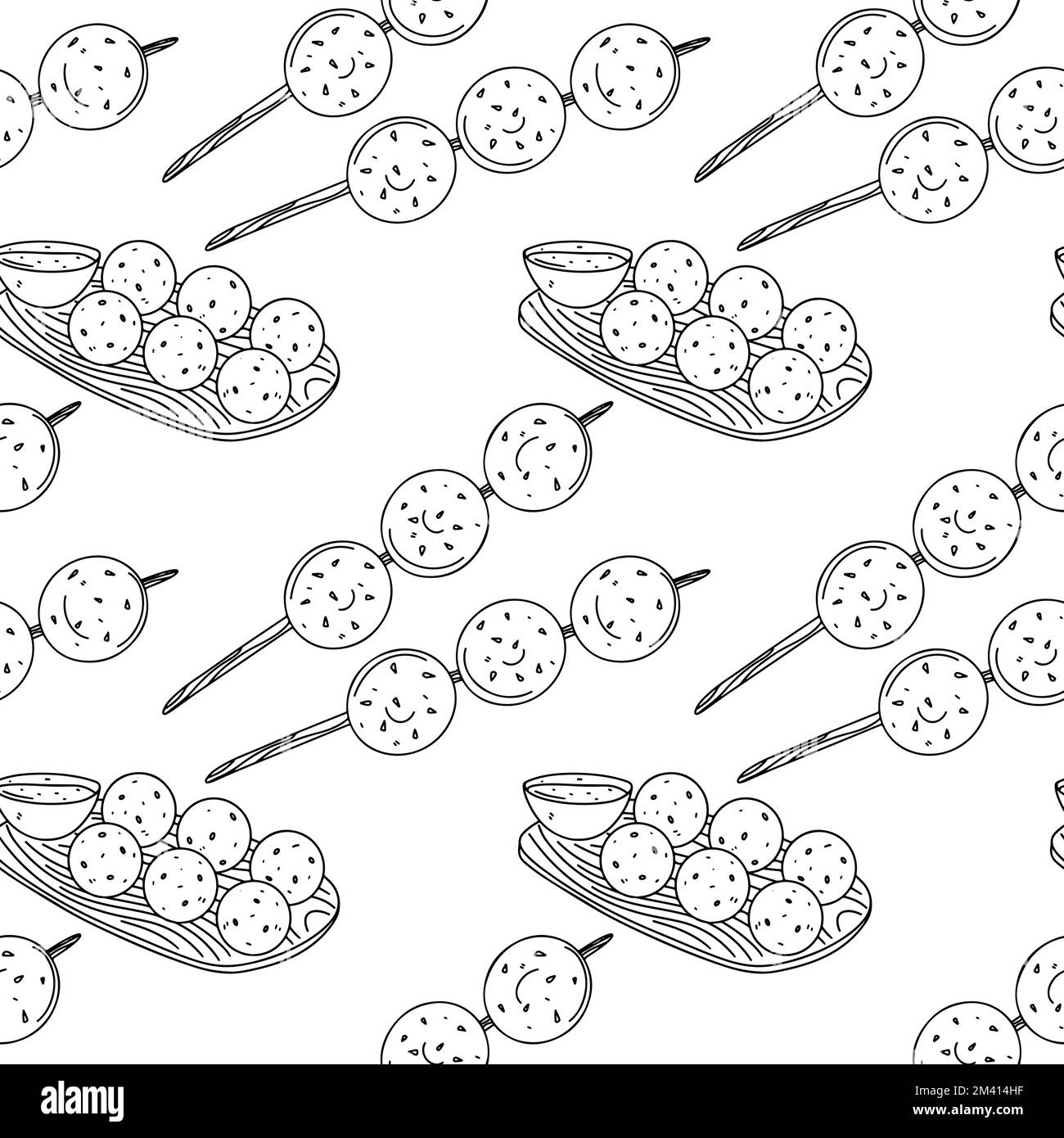 Boulettes de viande à la sauce épicée sans coutures. Imprimé sans fin en forme de doodle dessiné à la main. Illustration de Vecteur