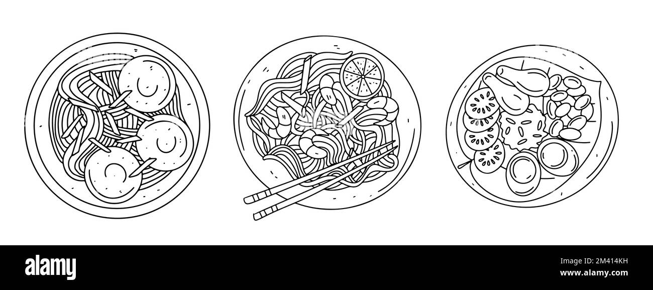 Ensemble de nouilles de riz aux crevettes et légumes dessinés à la main. Vue de dessus. Illustration de Vecteur