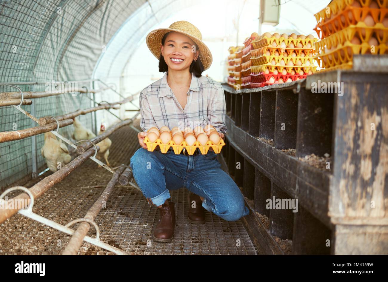 Femme asiatique, oeufs de poulet ou plateau pour les ventes agricoles, l'exportation agricole ou la croissance durable succès. Portrait, sourire ou éleveur de volaille heureux et Banque D'Images