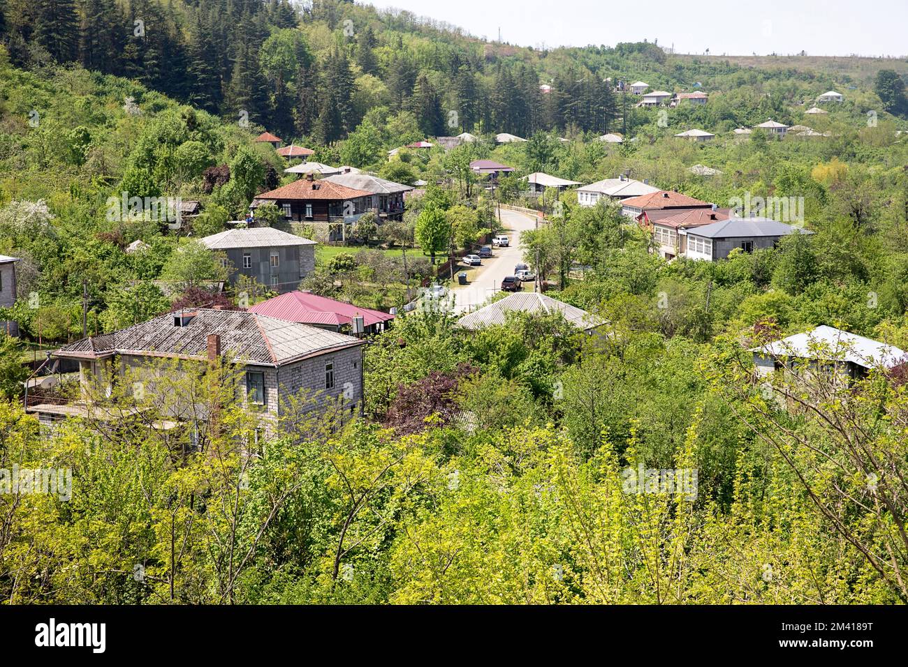 Maisons dans la banlieue de la ville d'Ozurgeti entourées de jardins luxuriants et de nombreux arbres fruitiers sur un jour ensoleillé de printemps, Ozurgeti, Géorgie Banque D'Images