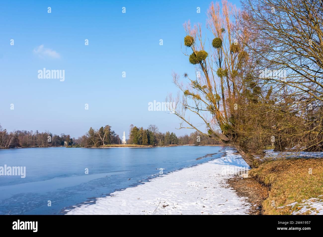 Petit lac en hiver et neige. Arbres près de l'eau Banque D'Images