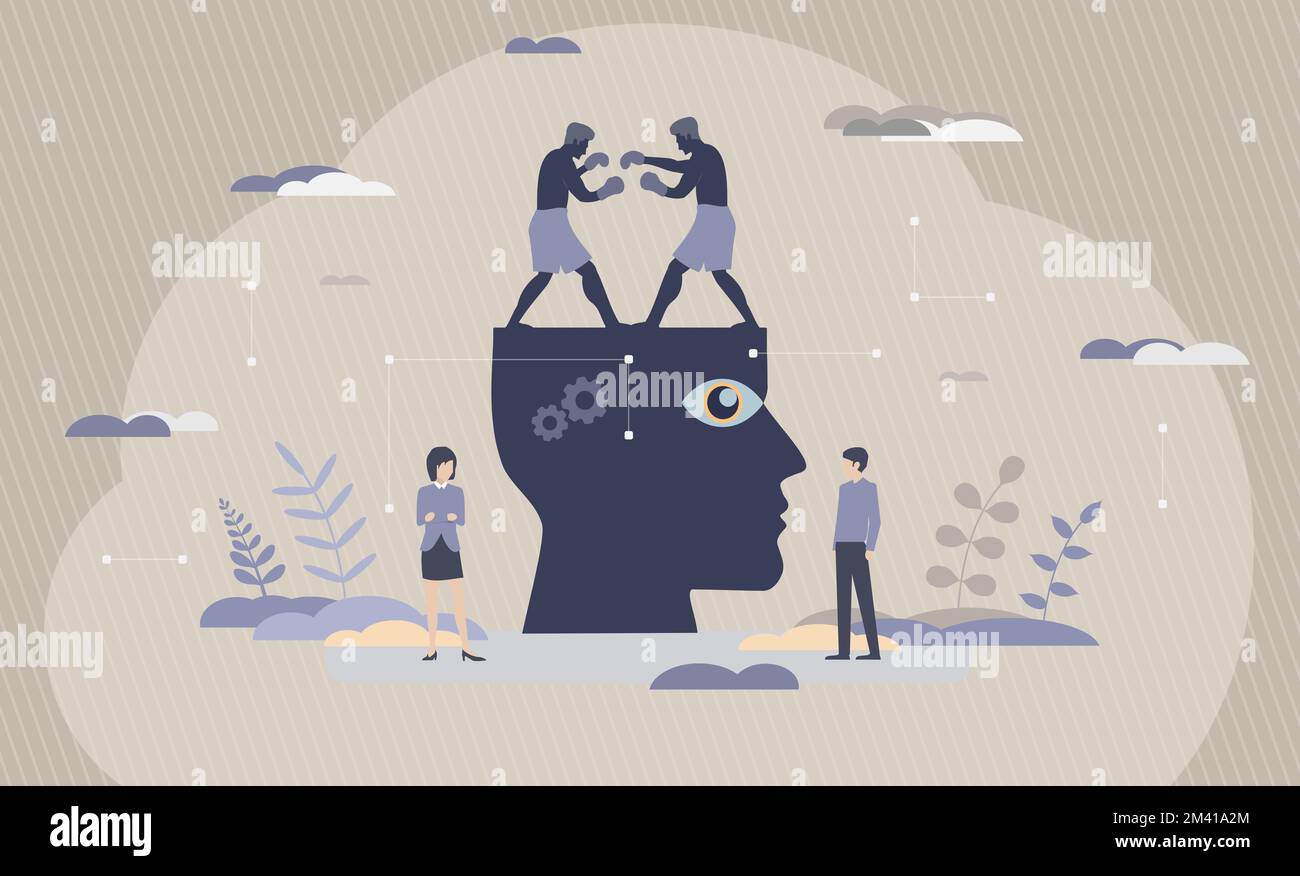 Dissonance cognitive - l'état d'inconfort ressenti lorsque deux ou plusieurs modes de pensée se contredisent dans le même esprit - Illustration conceptuelle Banque D'Images
