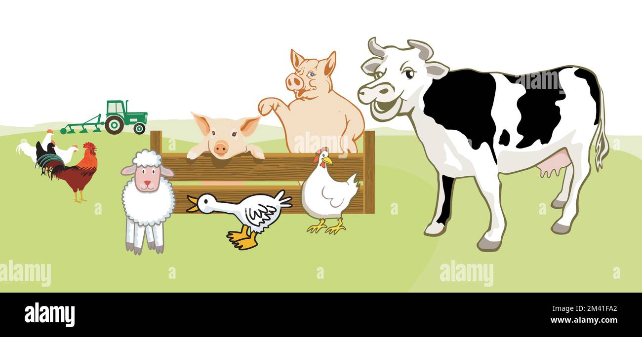 Agriculture avec des animaux de ferme amusants, illustration Illustration de Vecteur