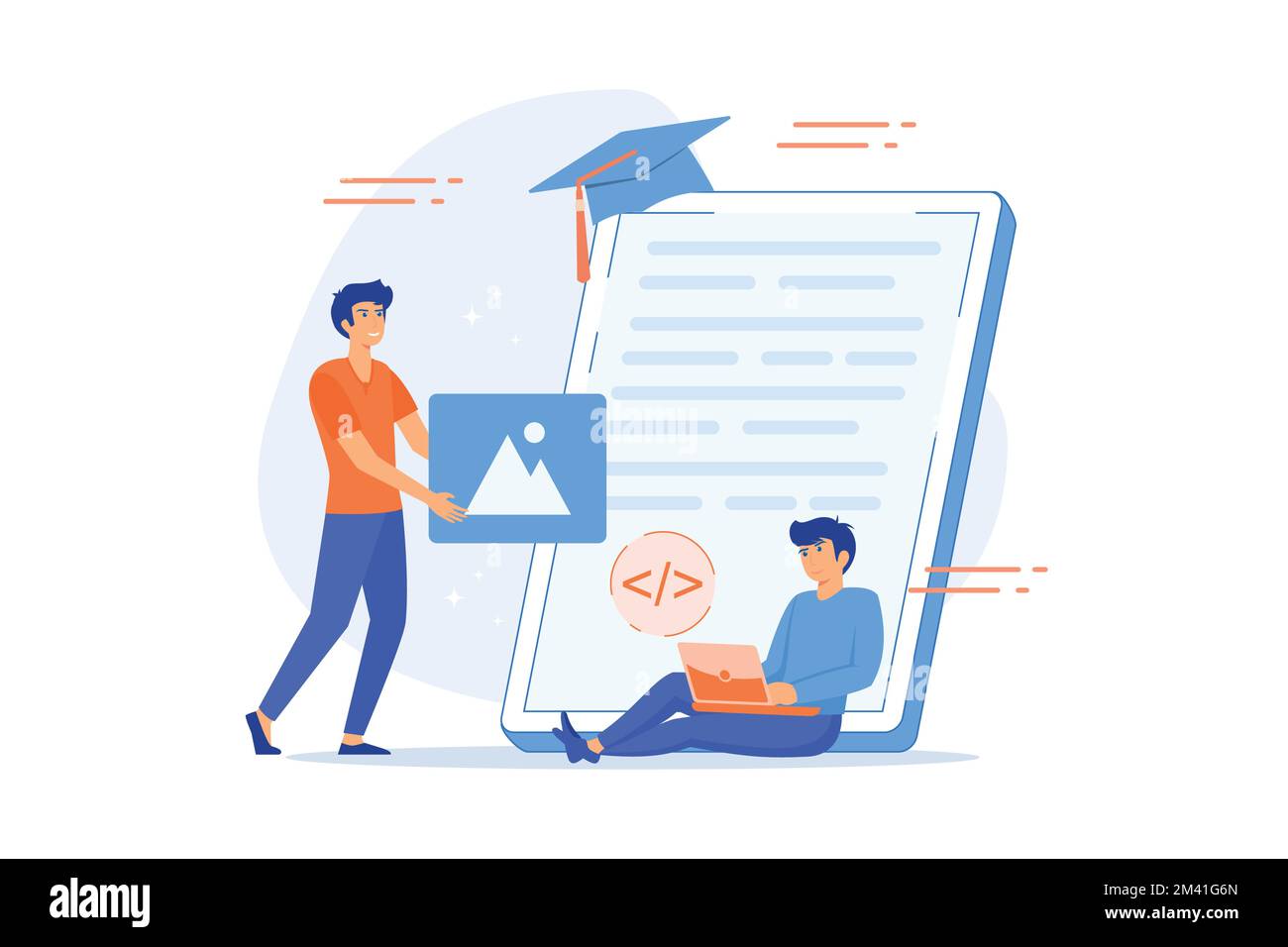 Cours de programmation concept web design avec les gens. Étudiants étudiant avec la scène d'ordinateurs. En ligne, IL cours de composition en forme plate, vecteur m plat Illustration de Vecteur