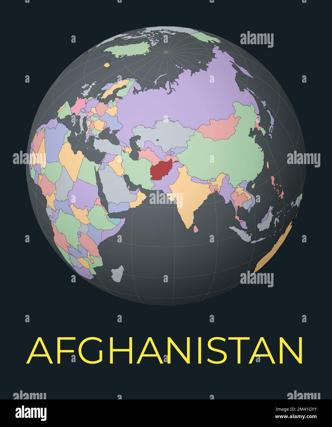 Carte du monde centrée sur l'Afghanistan. Pays rouge mis en surbrillance. Vue mondiale satellite centrée sur le pays avec le nom. Illustration vectorielle. Illustration de Vecteur