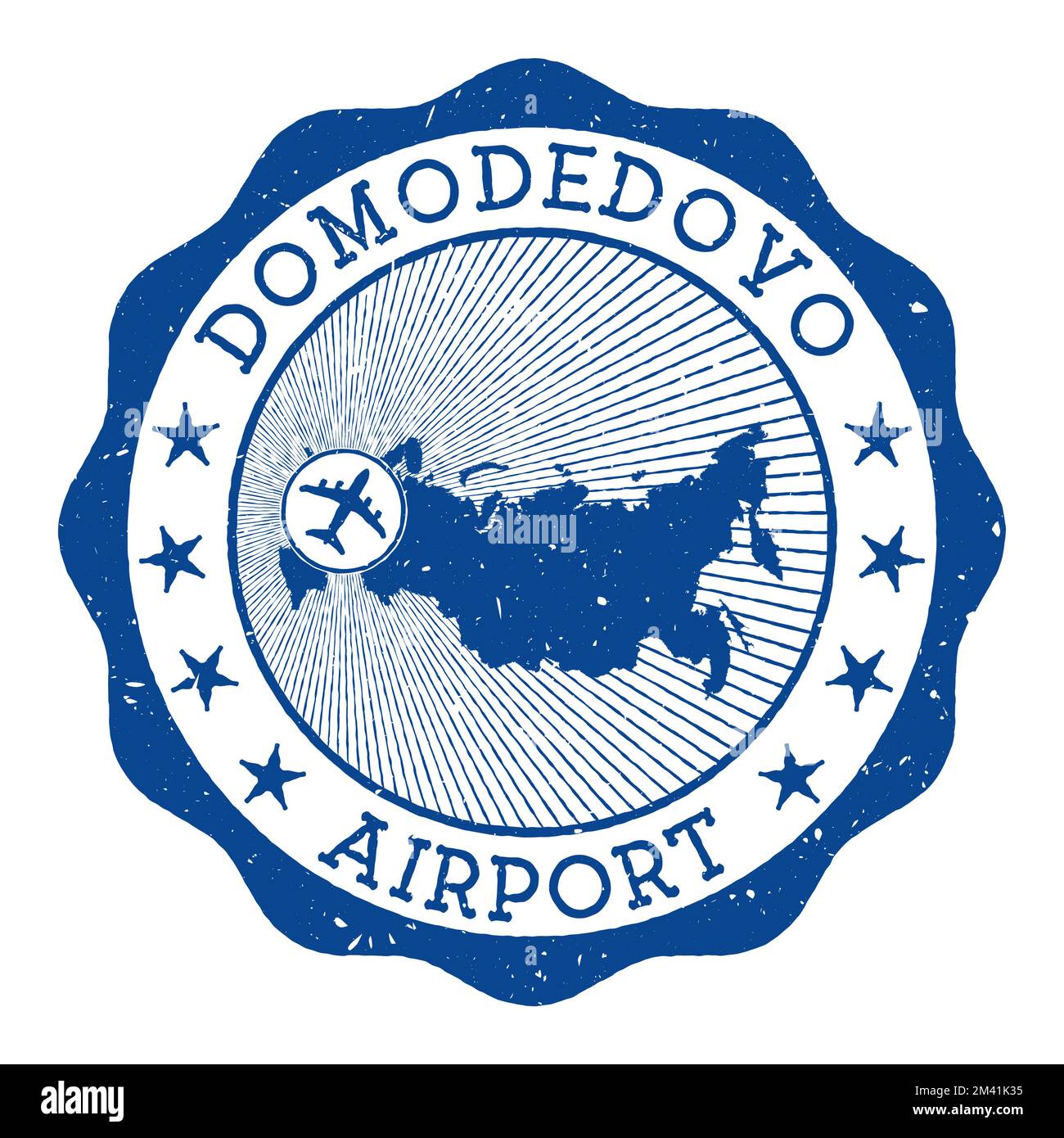 Timbre de l'aéroport Domodedovo. Logo rond de l'aéroport de Moscou avec emplacement sur la carte de Russie marquée par avion. Illustration vectorielle. Illustration de Vecteur