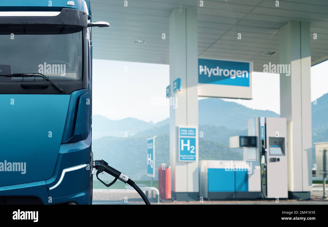 Camion futuriste à pile à hydrogène à côté de la station de remplissage. Concept de véhicule commercial respectueux de l'environnement Banque D'Images