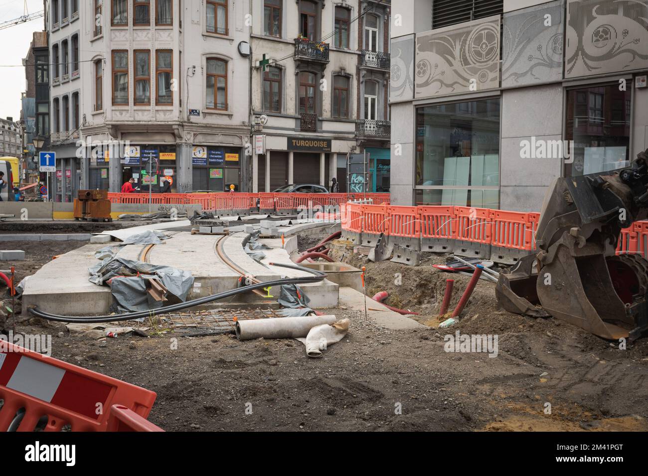 Liège. Wallonie - Belgique 31-10-2021. Nouvelles voies de tramway. Pose de rails de tramway dans la ville de Liège-Wallonie Banque D'Images