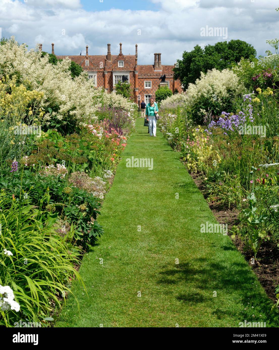 Paysage d'été vue sur les frontières herbacées dans le Helmingham Hall et les jardins du Suffolk Banque D'Images