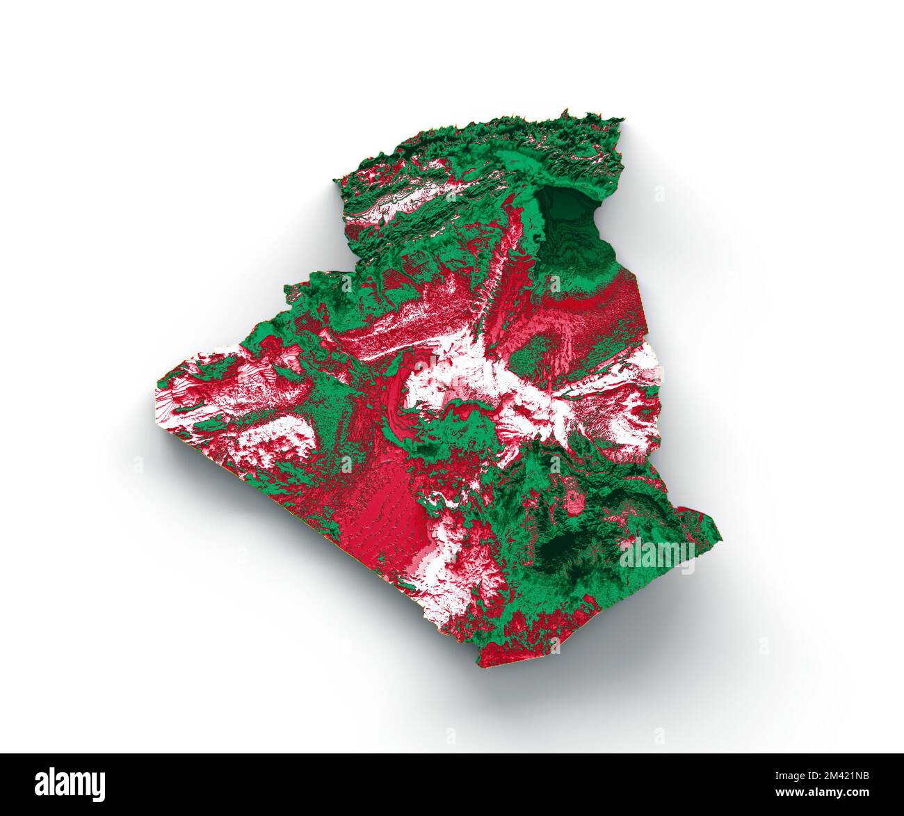 Un rendu en 3D d'une carte topographique de l'Algérie isolée sur fond blanc Banque D'Images