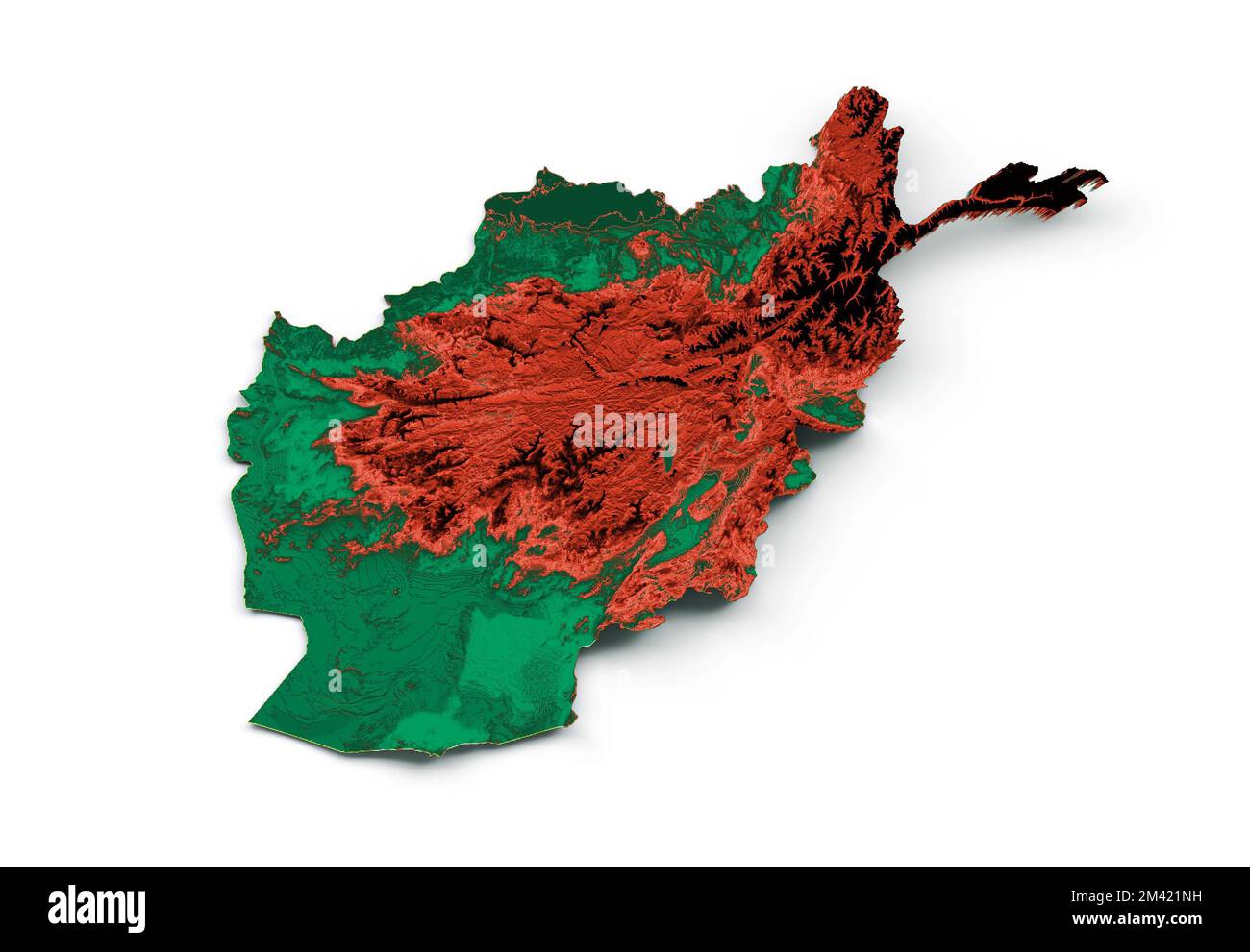 Un rendu en 3D d'une carte topographique de l'Afghanistan isolée sur fond blanc Banque D'Images