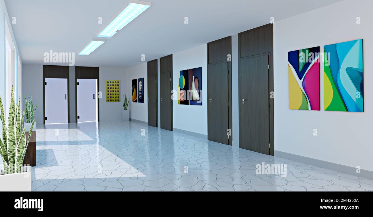 Couloir de bureau avec toile et affiches, illustration 3D Banque D'Images
