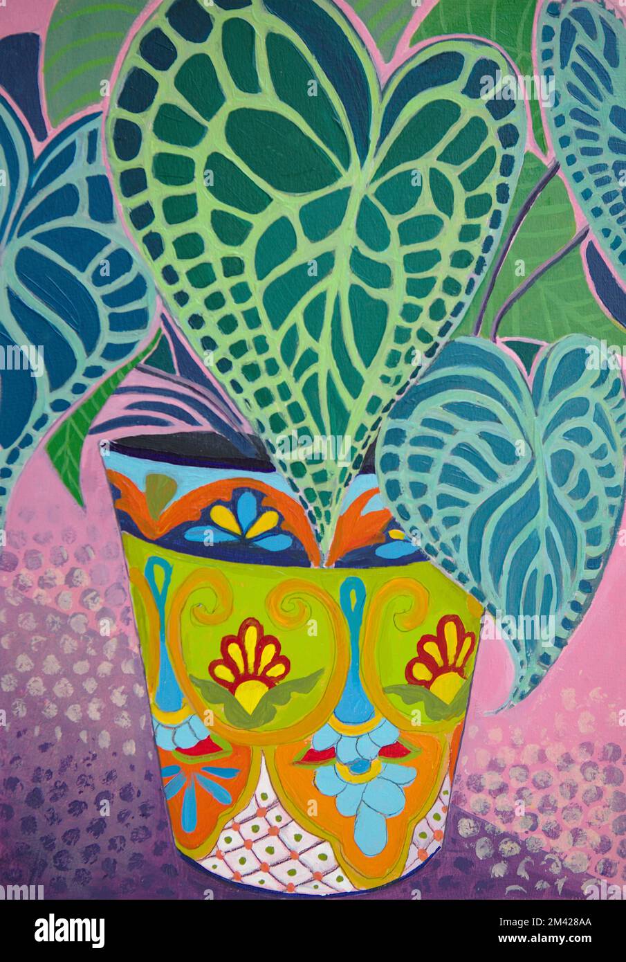 peinture de l'anthurium en pot rose et vert avec un pot décoratif Banque D'Images