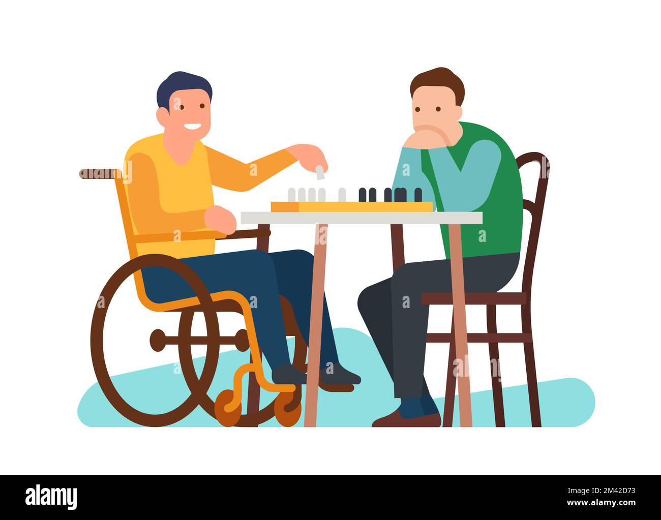 Garçon handicapé jouant aux échecs avec un ami. Joueur handicapé à l'échiquier. Homme en fauteuil roulant. Jeu de stratégie. Soutien aux personnes handicapées. Blessé Illustration de Vecteur