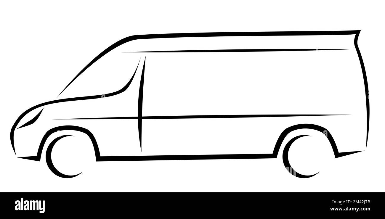 Illustration vectorielle dynamique d'une fourgonnette à empattement long et toit haut en tant que logo pour la livraison ou la société de messagerie. La voiture a un design cinétique moderne. Banque D'Images