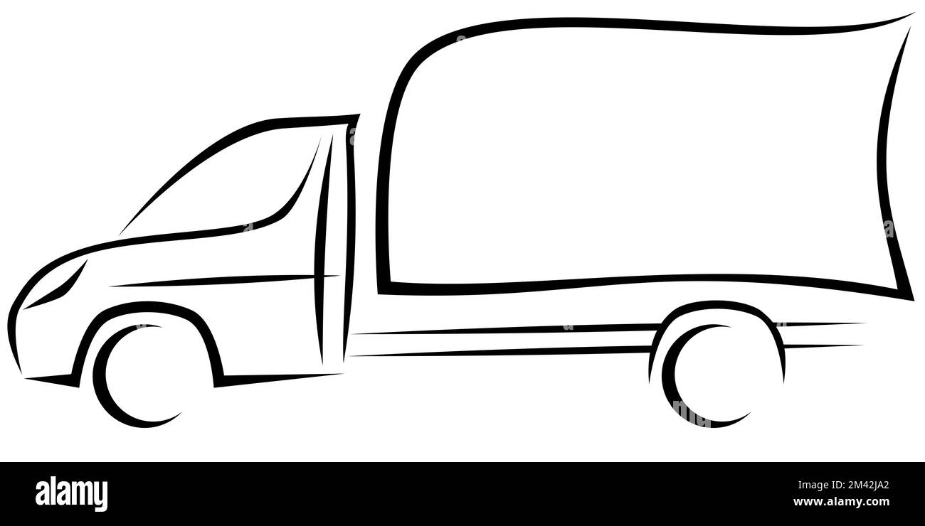 Illustration vectorielle dynamique d'un véhicule commercial léger avec un châssis comme logo pour la livraison ou la compagnie de messagerie avec une boîte contenant un espace libre. Banque D'Images