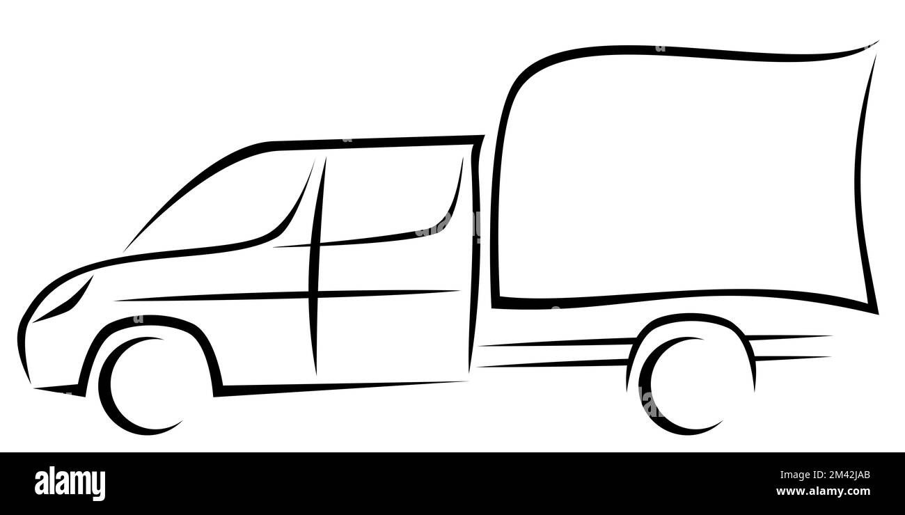 Illustration vectorielle dynamique d'un véhicule commercial léger avec un châssis et une cabine double comme logo pour la livraison ou la compagnie de messagerie avec une boîte contenant Banque D'Images