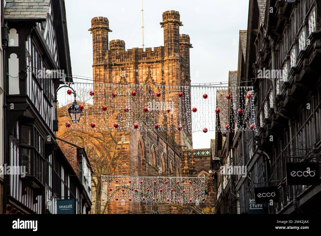 Vue sur la cathédrale de Chester le long de St Werburgh Street pendant l'exposition des lumières de Noël Banque D'Images