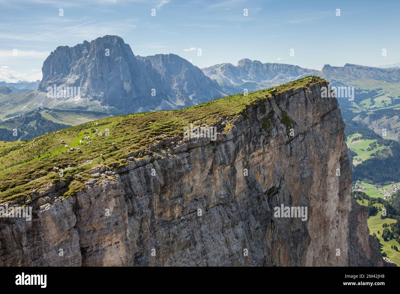 Vue panoramique sur une vallée alpine au milieu des Dolomites de Val Gardena (mont Sassolungo en arrière-plan) Banque D'Images