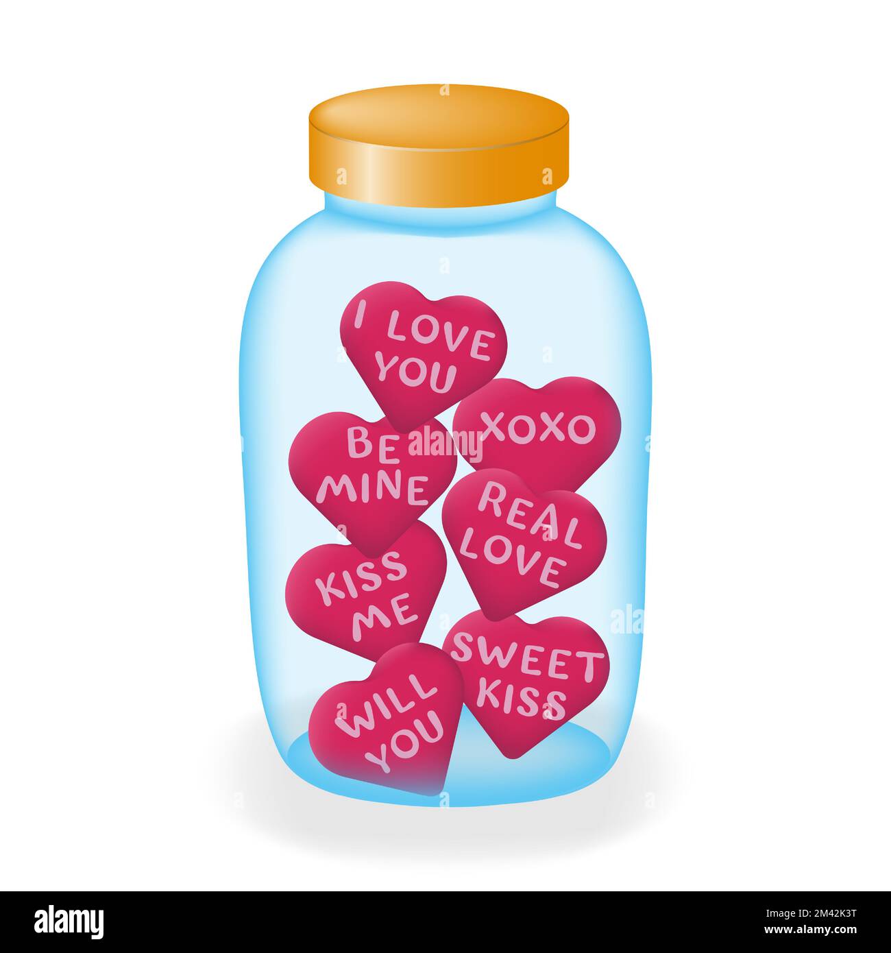Pot en verre avec coeurs. Un pot de bonbons en verre de dessin animé en forme de coeur rose avec de mignons messages d'amour. Le concept de l'amour et de la Saint-Valentin Illustration de Vecteur