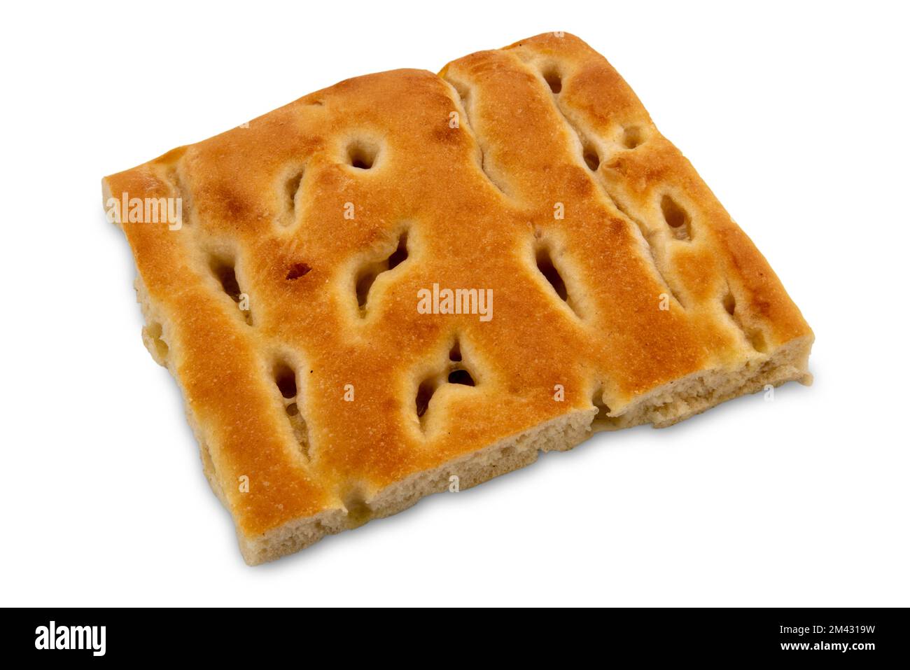 Focaccia pain ligurien typique de Genova - pain de levain et huile d'olive - tranche carrée isolée sur blanc, chemin de coupure Banque D'Images