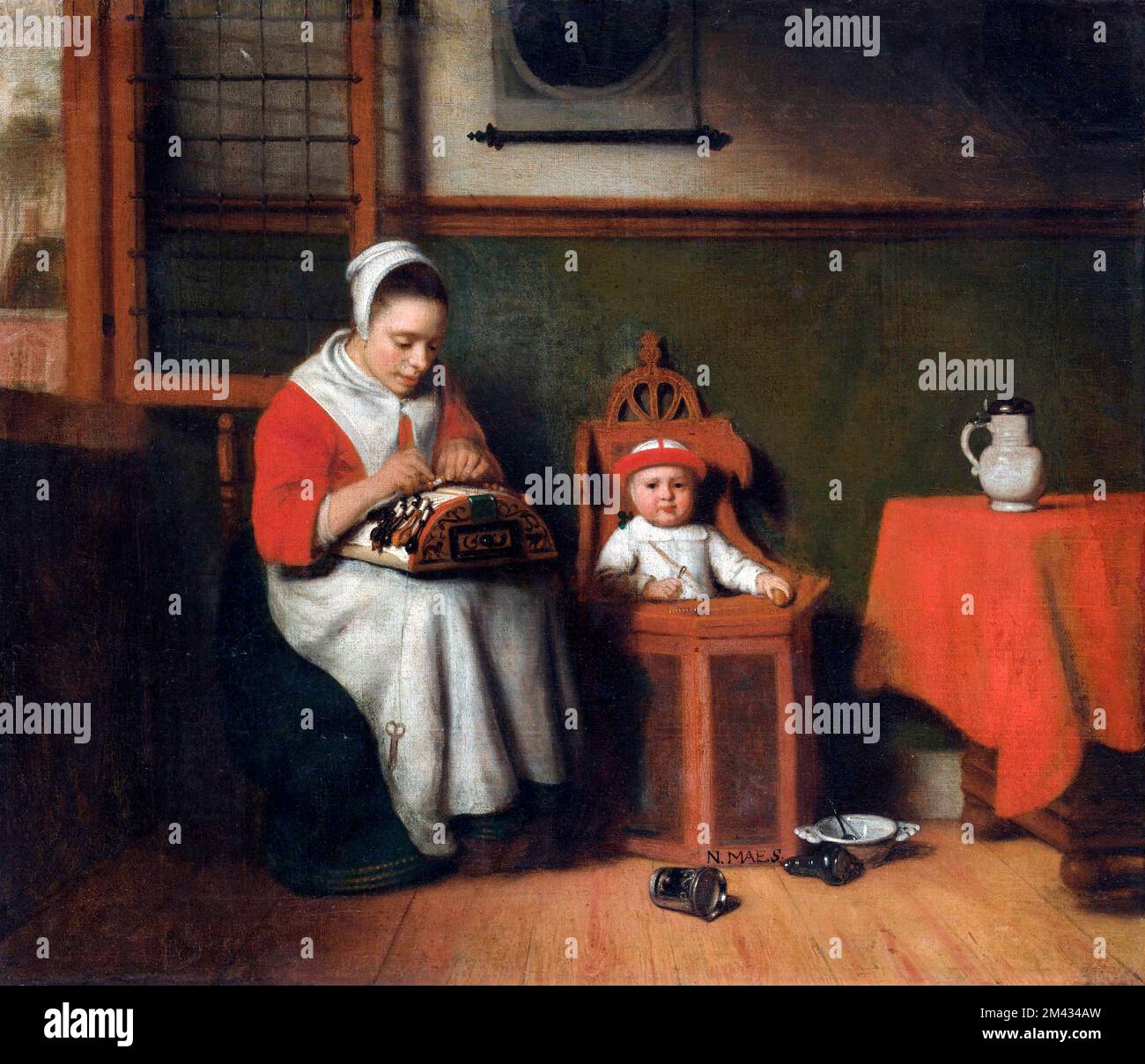 Le Lacemaker par l'artiste néerlandais Nicolaes Maes (1634-1693), huile sur toile, c. 1656 Banque D'Images