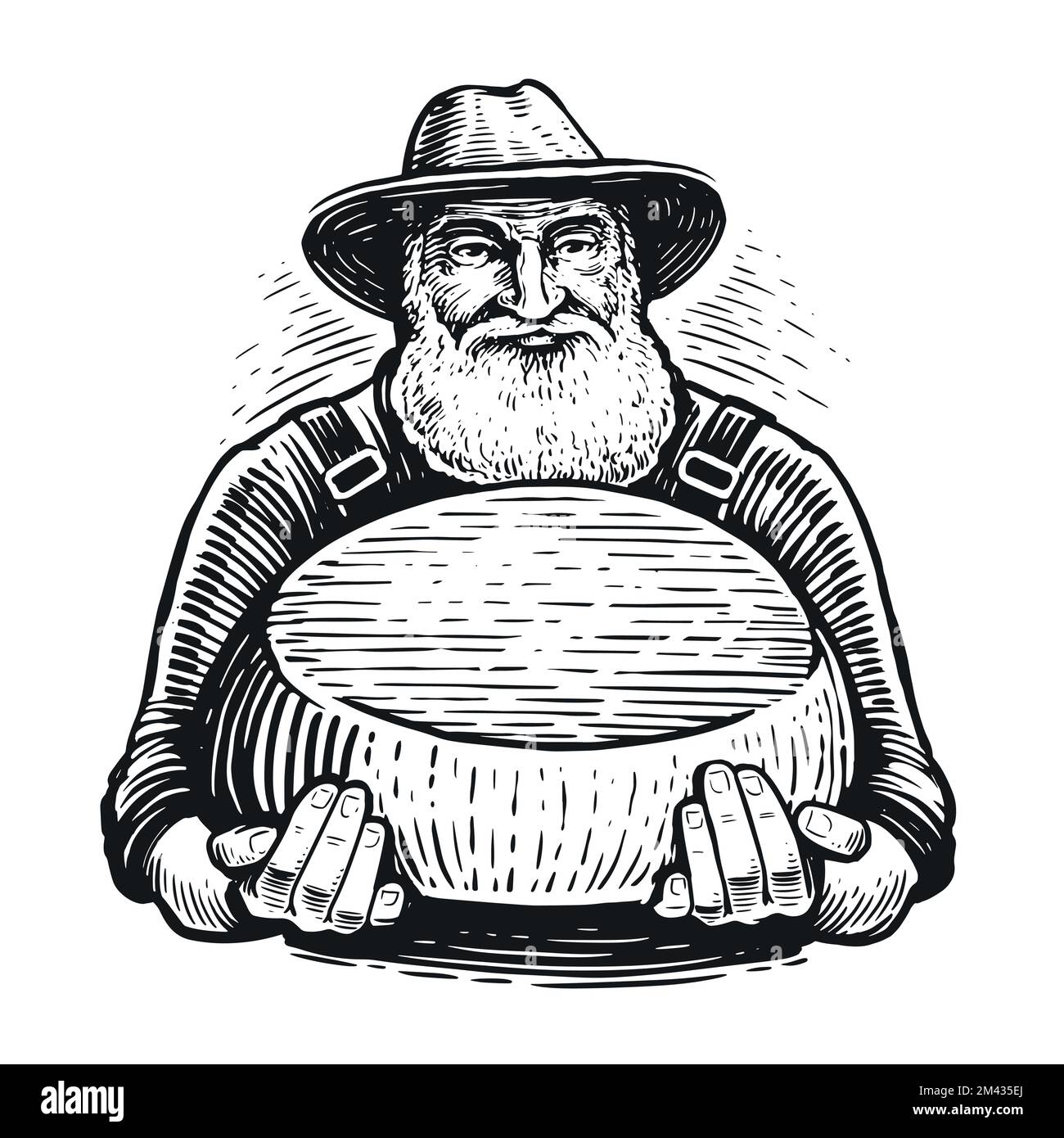 Fermier tenant une tête de fromage. Concept de ferme laitière. Produits laitiers naturels bio. Esquisser une illustration vectorielle vintage Illustration de Vecteur