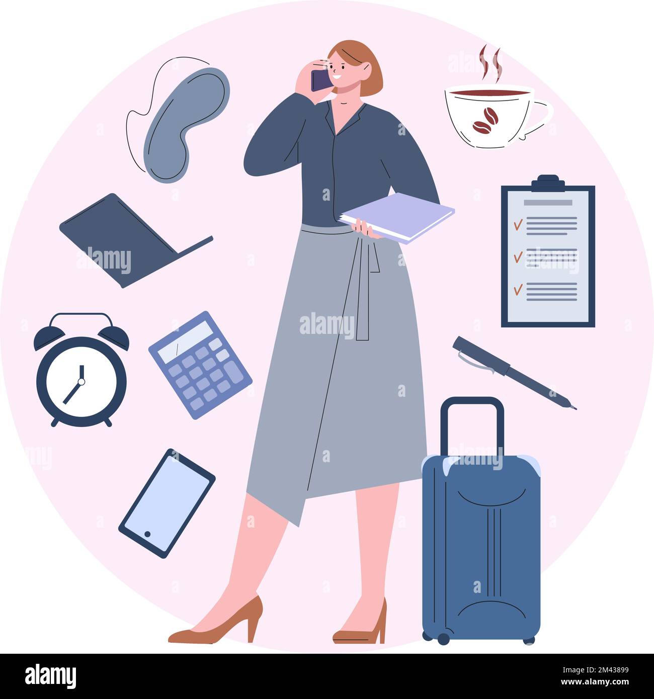 Femme d'affaires et bureau des choses personnelles. Bonne femme gestionnaire parler smartphone, voyage de travail. Personnage vectoriel de dessin animé, liste de tâches de tasse de café Illustration de Vecteur