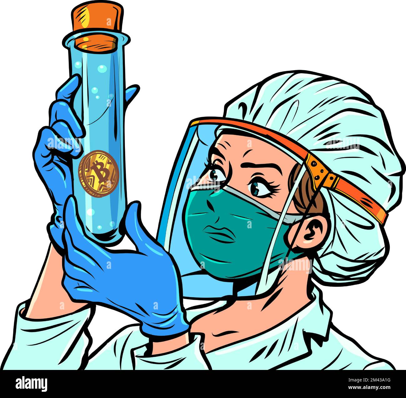 Femmes Medic et tube à essai bitcoin argent numérique, crypto-monnaie Illustration de Vecteur