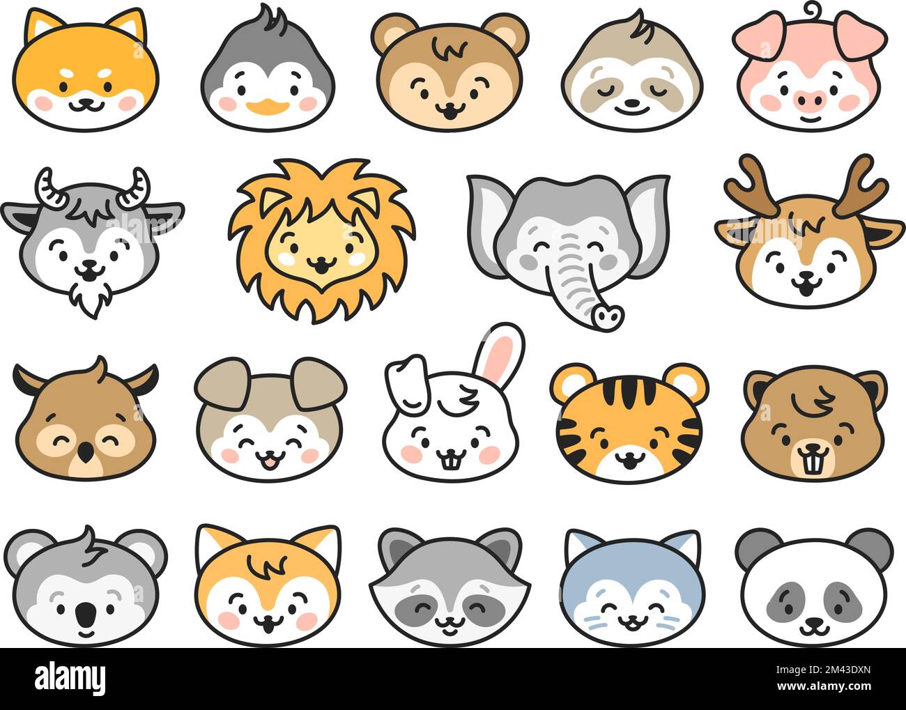 Avatars animaux kawaii. Jolis autocollants de dessin animé avec visages d'animaux amusants. Portraits de chiens, de lions, de chats. Mascottes drôles pour enfants, ensemble de zoos à vecteur ordonné isolé Illustration de Vecteur