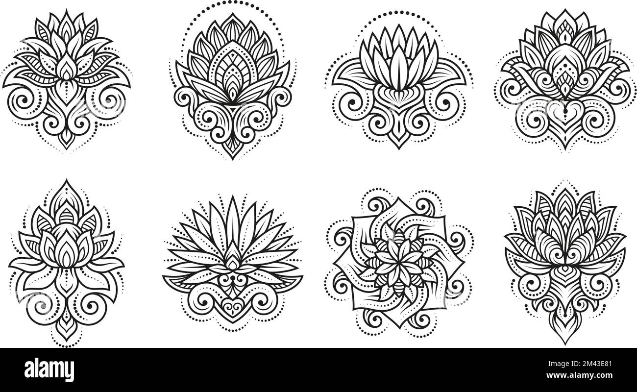 Motif tatouage Lotus. Tatouages de fleurs lotos bohémien créatifs, décoration moderne de mandala zen. Modèles de dessin au henné, motif floral vectoriel bien rangé Illustration de Vecteur