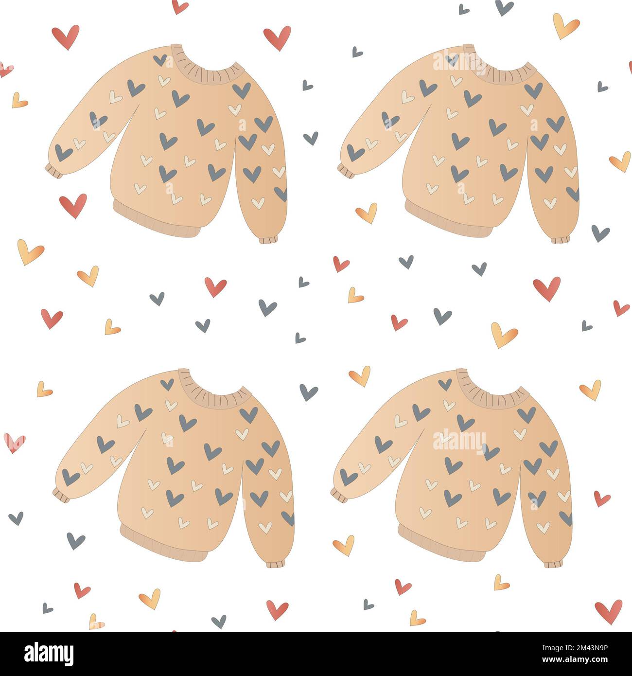 Motif sans couture avec chandail d'hiver et moufles confortables, coeurs doodle sur fond blanc, ensemble d'hiver de noël illustration vectorielle pour le motif Banque D'Images